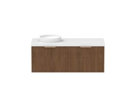 Supporting Image - Kado Neue Fluted Square All Drawer 1200mm Wall Hung Vanity with Left Hand Basin 50mm Top Florentine Walnut