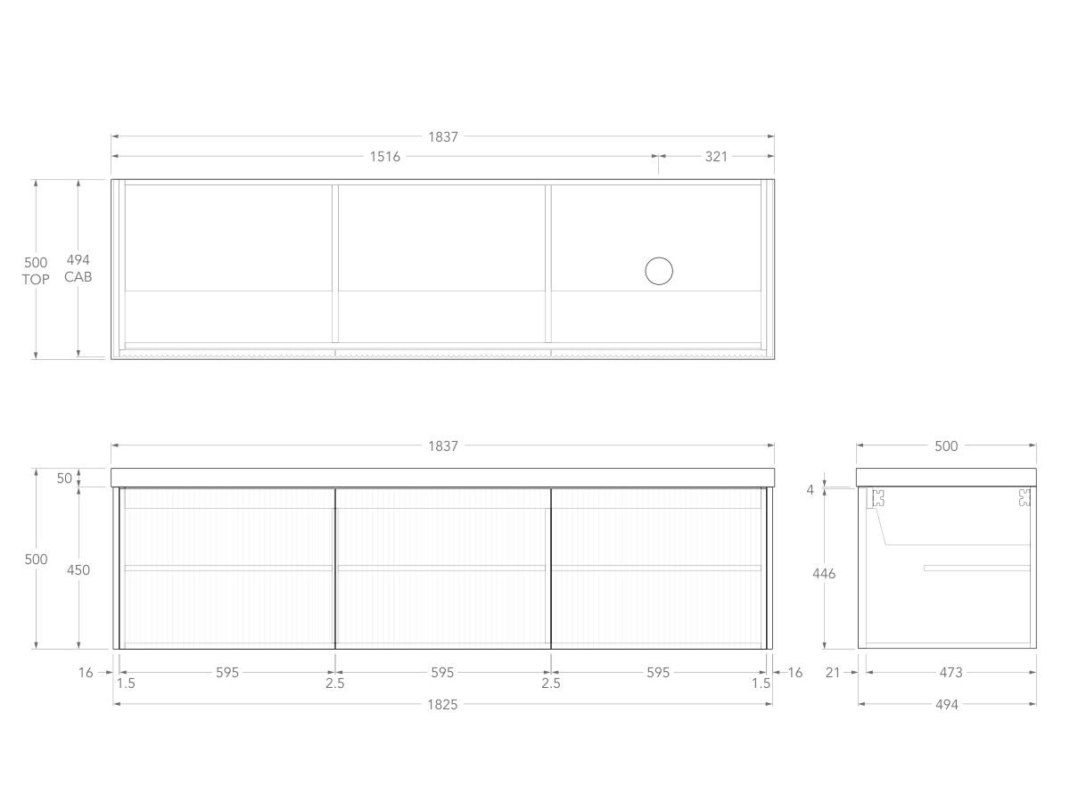 Technical Drawing - Kado Neue Fluted Square All Door 1800mm Wall Hung Vanity with Right Hand Basin 50mm Top