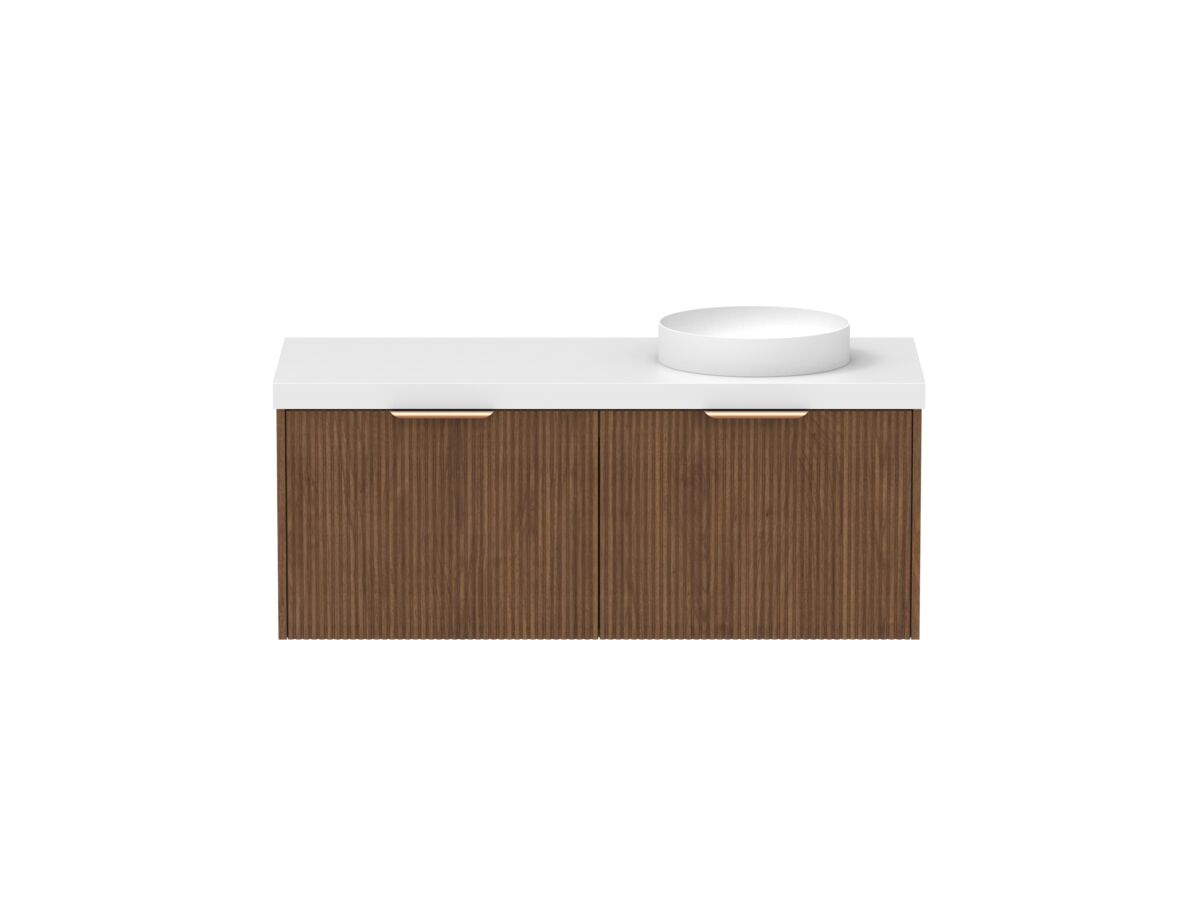 Supporting Image - Kado Neue Fluted Square All Drawer 1200mm Wall Hung Vanity with Right Hand Basin 50mm Top Florentine Walnut