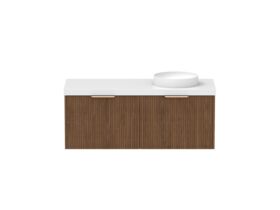 Supporting Image - Kado Neue Fluted Square All Drawer 1200mm Wall Hung Vanity with Right Hand Basin 50mm Top Florentine Walnut