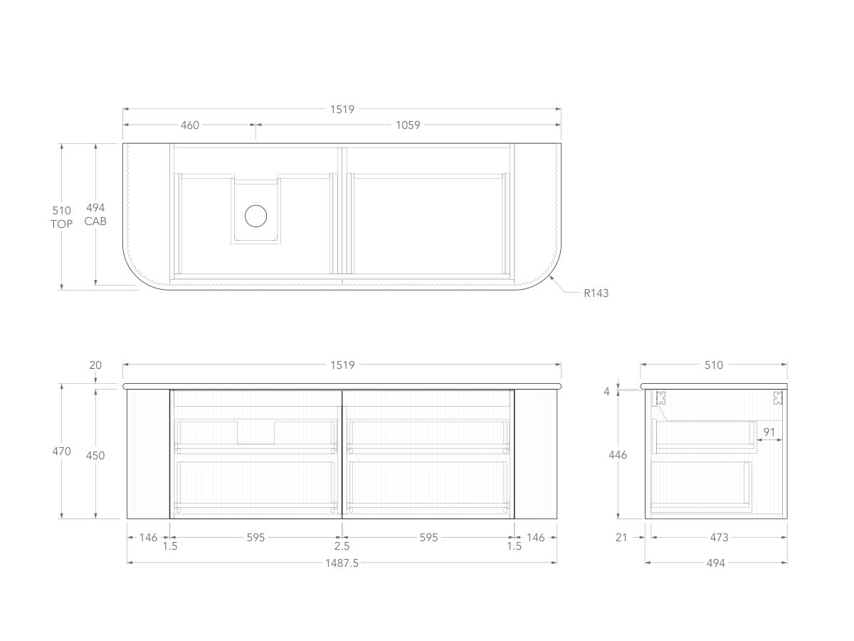 Technical Drawing - Kado Neue Fluted Double Curve All Drawer 1500 Wall Hung Vanity with Left Hand Basin 20mm