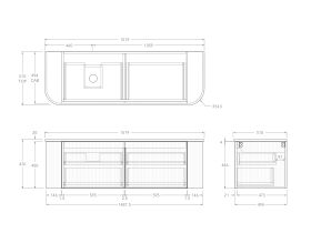 Technical Drawing - Kado Neue Fluted Double Curve All Drawer 1500 Wall Hung Vanity with Left Hand Basin 20mm