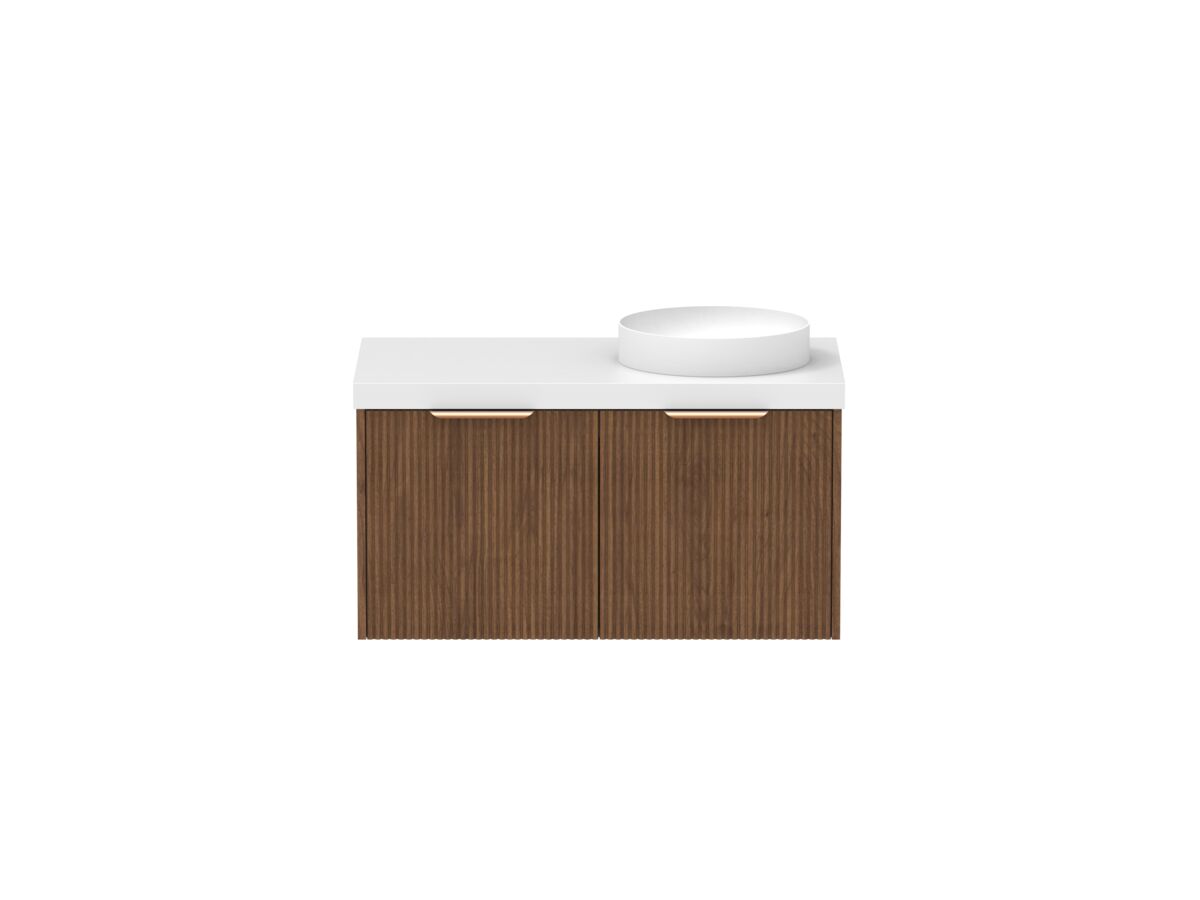 Supporting Image - Kado Neue Fluted Square 900mm Wall Hung Vanity with Right Basin 50mm Top Florentine Walnut