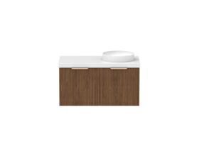 Supporting Image - Kado Neue Fluted Square 900mm Wall Hung Vanity with Right Basin 50mm Top Florentine Walnut