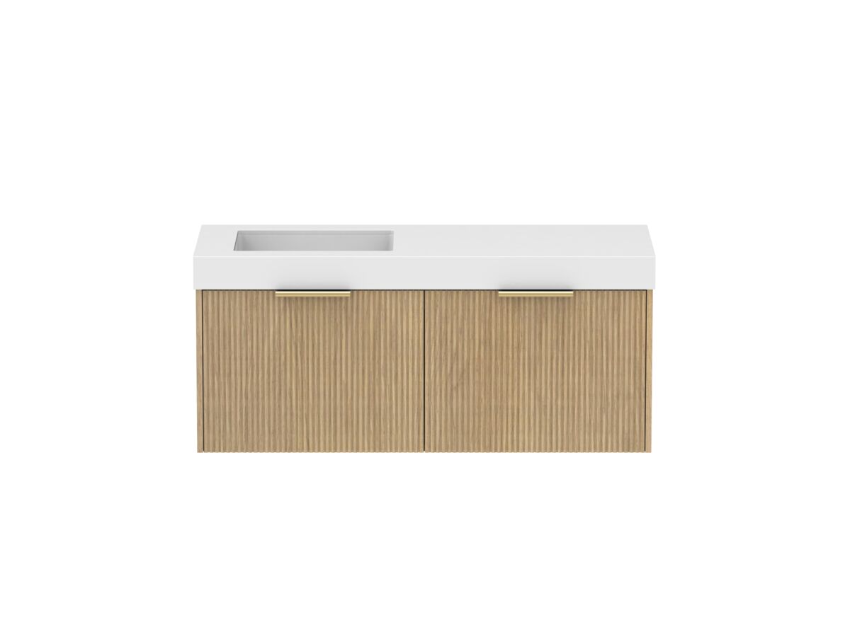 Supporting Image - Kado Neue Fluted Square All Drawer 1200mm Wall Hung Vanity with Left Hand Basin 90mm Top Boston Oak