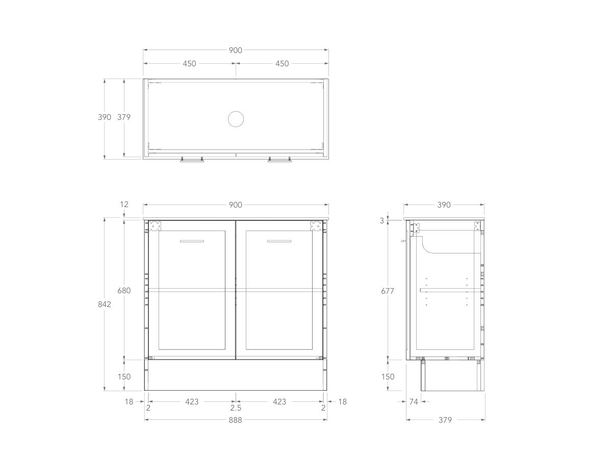 Technical Drawing - Kado Lux Ensuite All Door 900mm Floor Mount Centre Basin 12mm Durasein Top