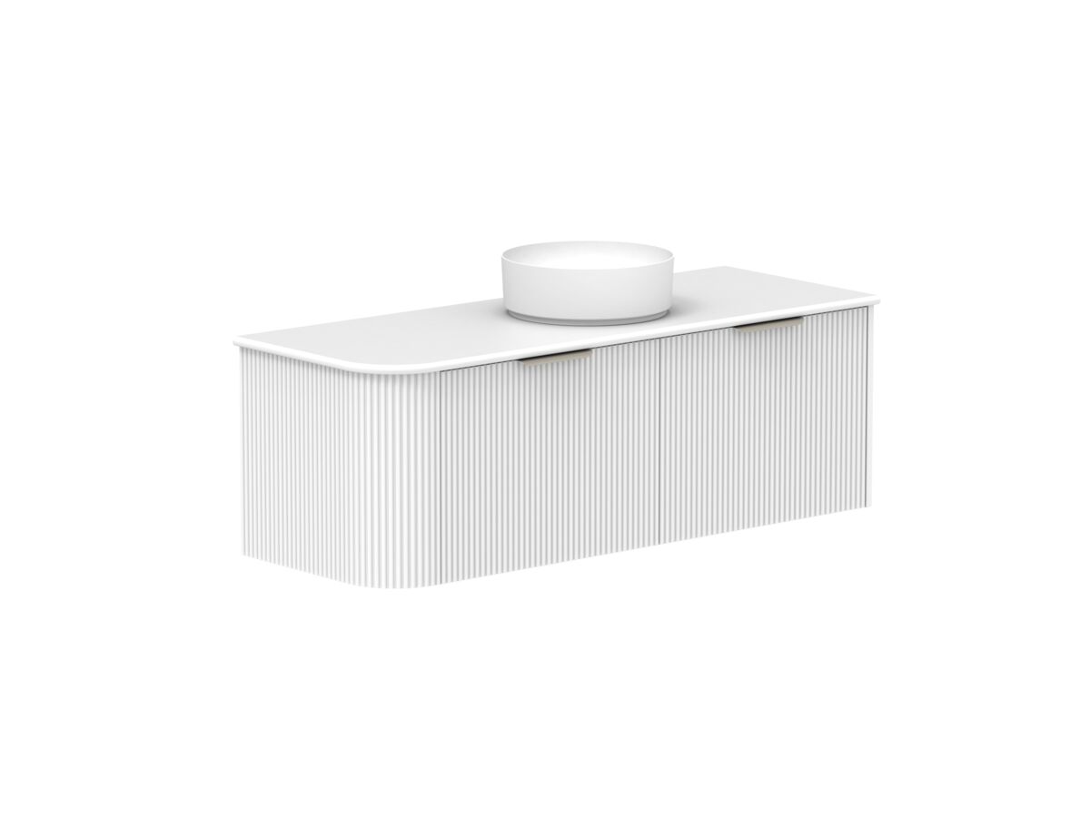 Supporting Image 2- Kado Neue Fluted Single Curve All Drawer 1350mm Wall Hung Vanity with Centre Basin 20mm Top Ultra White