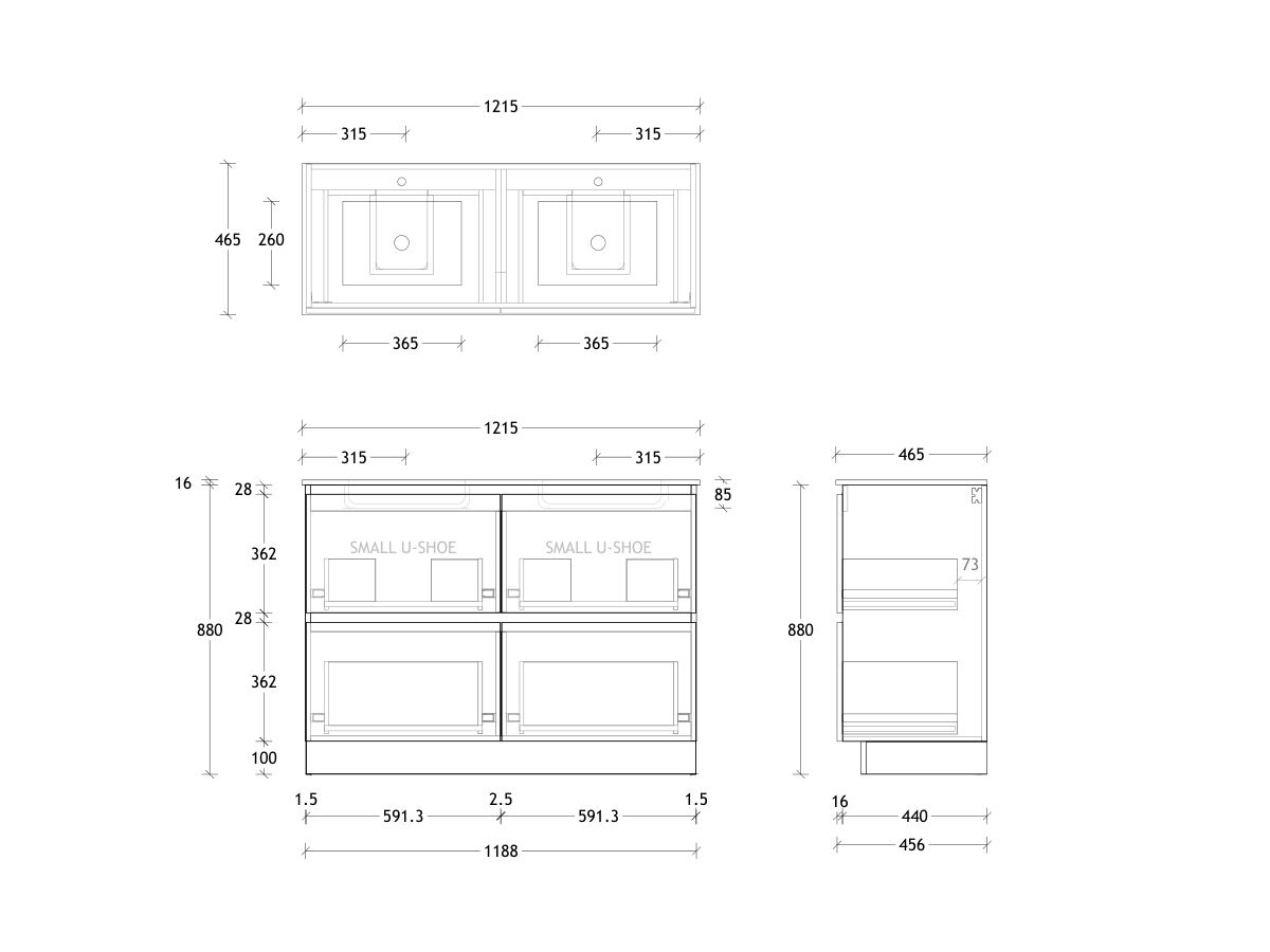 Posh Domaine & Domaine Plus All-Drawer Twin 1200mm Floor Mounted Vanity Unit Double Bowl Ceramic Top