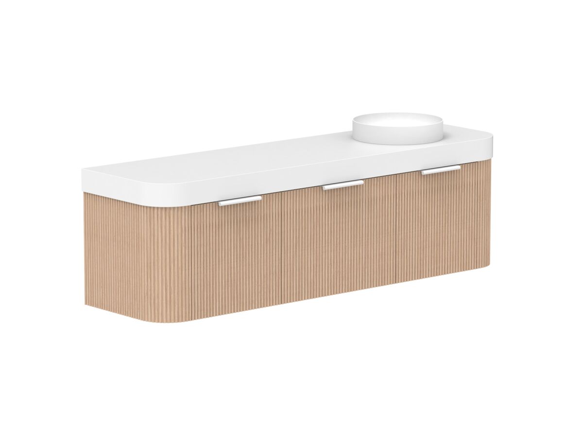 Supporting Image 2- Kado Neue Fluted Double Curve All Drawer 1800mm Wall Hung Vanity with Right Hand Basin Durasein 90mm Top Blonde Oak