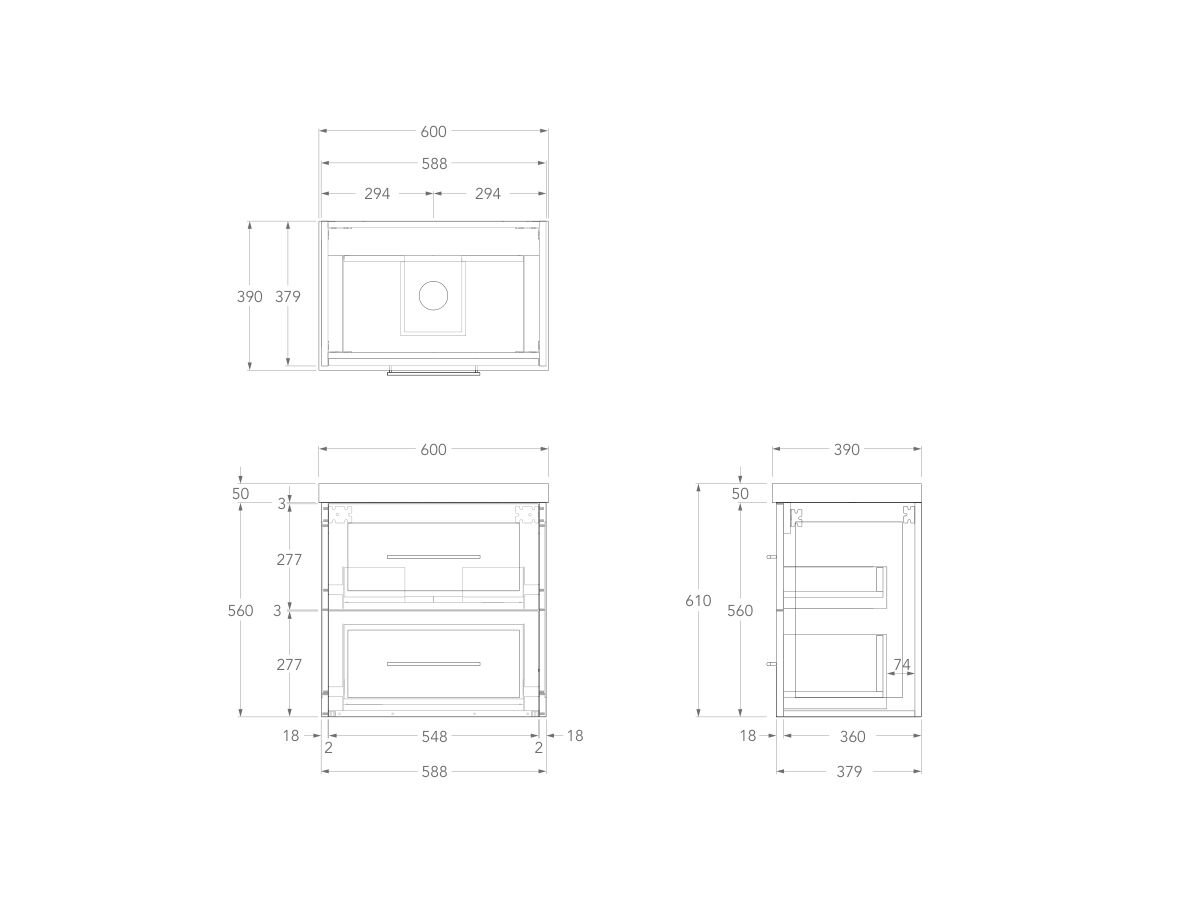 Technical Drawing - Kado Lux Ensuite All Drawer Twin 600mm Wall Hung Centre Basin 50mm Top