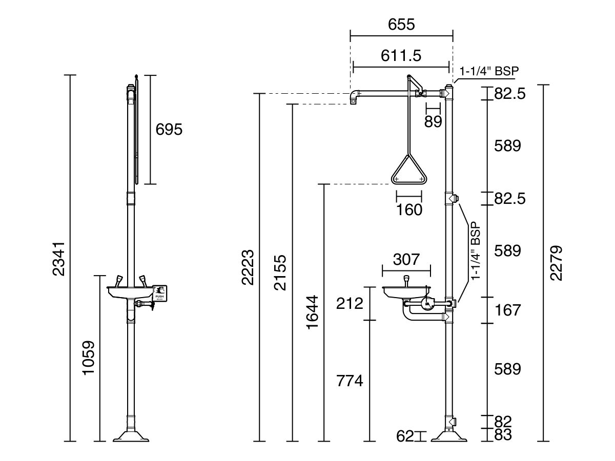 Technical Drawing - Wolfen Freestanding Safety Shower & Eye Wash Hand Operated Polished Stainless Steel