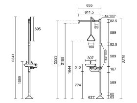 Technical Drawing - Wolfen Freestanding Safety Shower & Eye Wash Hand Operated Polished Stainless Steel