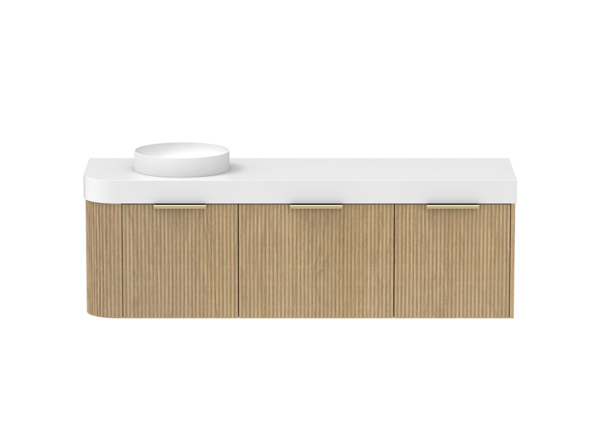 Supporting Image - Kado Neue Fluted Single Curve All Drawer 1650mm Wall Hung Vanity with Left Hand Basin Durasein 90mm Top Boston Oak