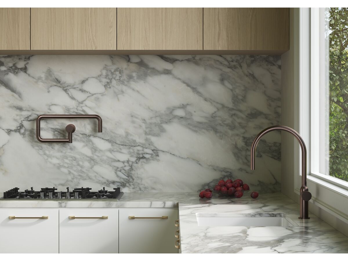 In Situ - Faucet Strommen Vara Disc Gooseneck Sink Mixer Tap (4 Star) and Wall Pot Filler Tap Armada Bronze in Kitchen