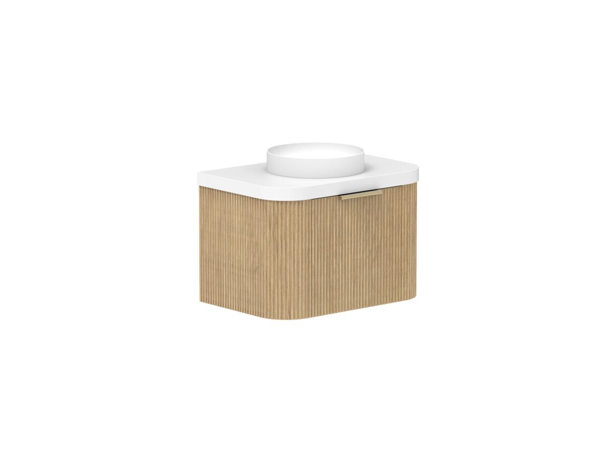 Supporting Image 2- Kado Neue Fluted Double Curve All Drawer 750mm Wall Hung Vanity with Centre Basin Durasein 50mm Top Boston Oak