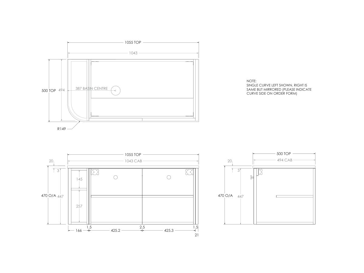Technical Drawing - Kado Era Single Curve All Door 1050mm Wall Hung Vanity with Left Hand Basin 20mm Top