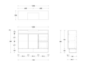 Technical Drawing - Posh Domaine Semi-Recessed 1200mm Floor Mounted Vanity Centre Basin 20mm Top