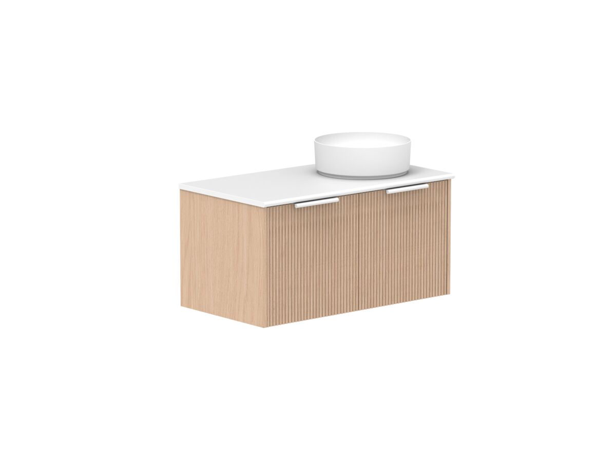 Supporting Image - Kado Neue Fluted Square 900mm Wall Hung Vanity with Right Basin 20mm Top Blonde Oak