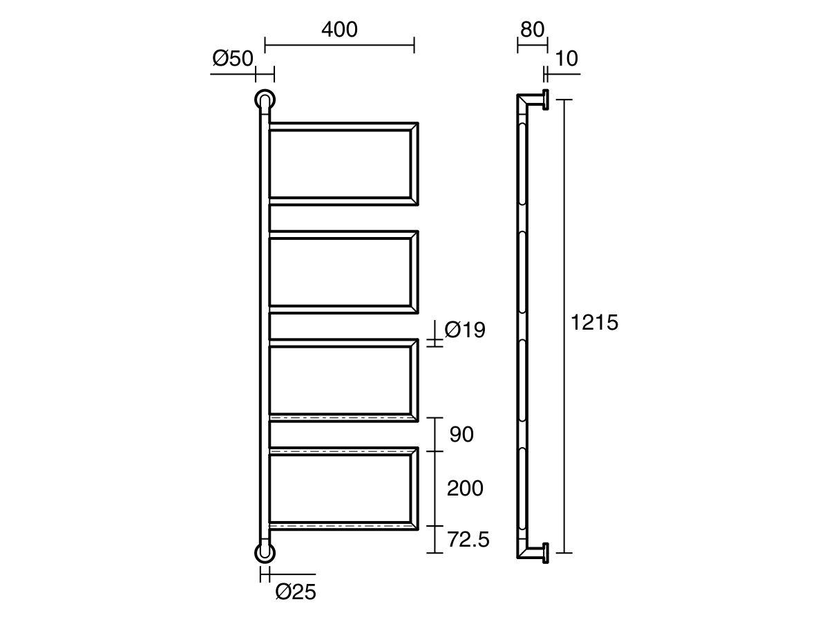 Technical Drawing - Hydrotherm Pure Swivel Heated & Non Heated Towel Rail 400 x 1235mm