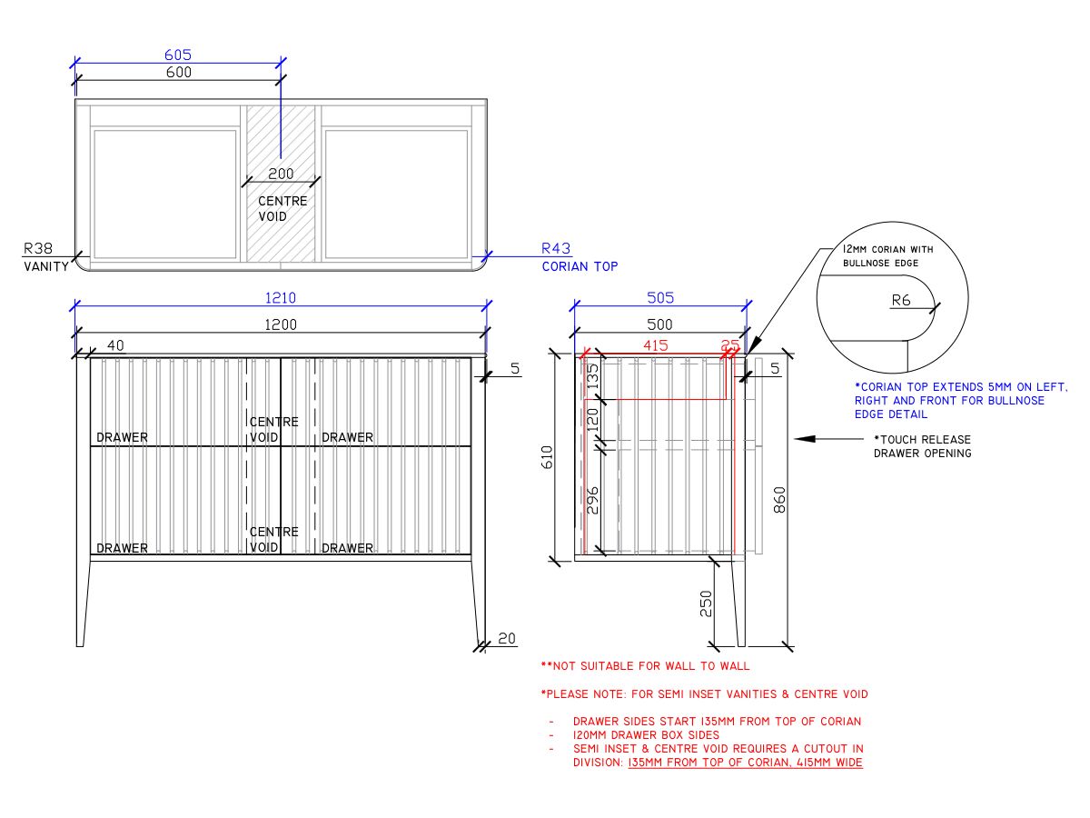 ISSY Cloud II 1200mm x 500mm x 860mm Vanity Unit with Legs 4 Touch Latch Drawers Semi Inset (No Basin)