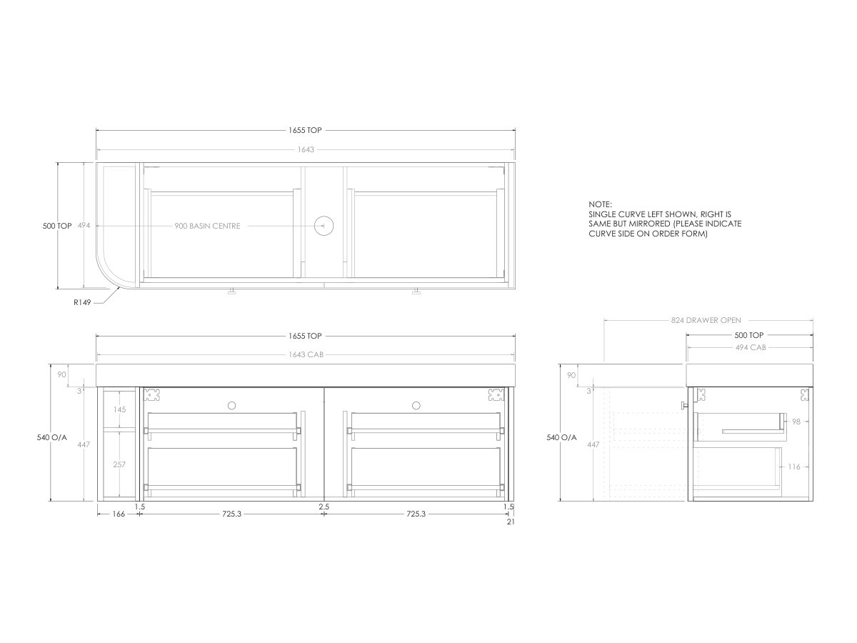 Technical Drawing - Kado Era Single Curve All Drawer 1650mm Wall Hung Vanity Centre Basin 90mm Durasein Top