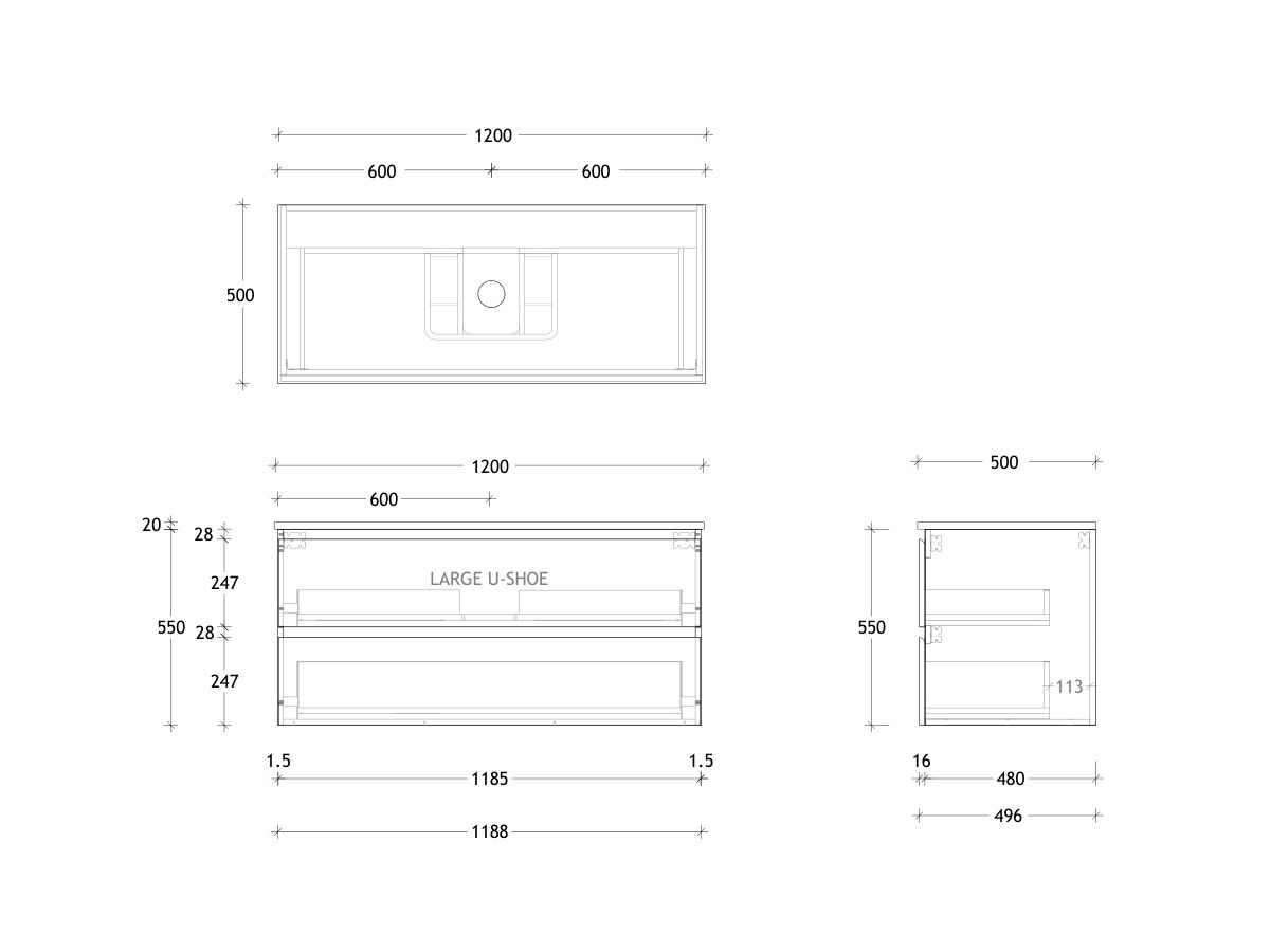 Technical Drawing - Posh Domaine All Drawer Twin 1200mm Wall Hung Vanity Centre Basin 20mm Top