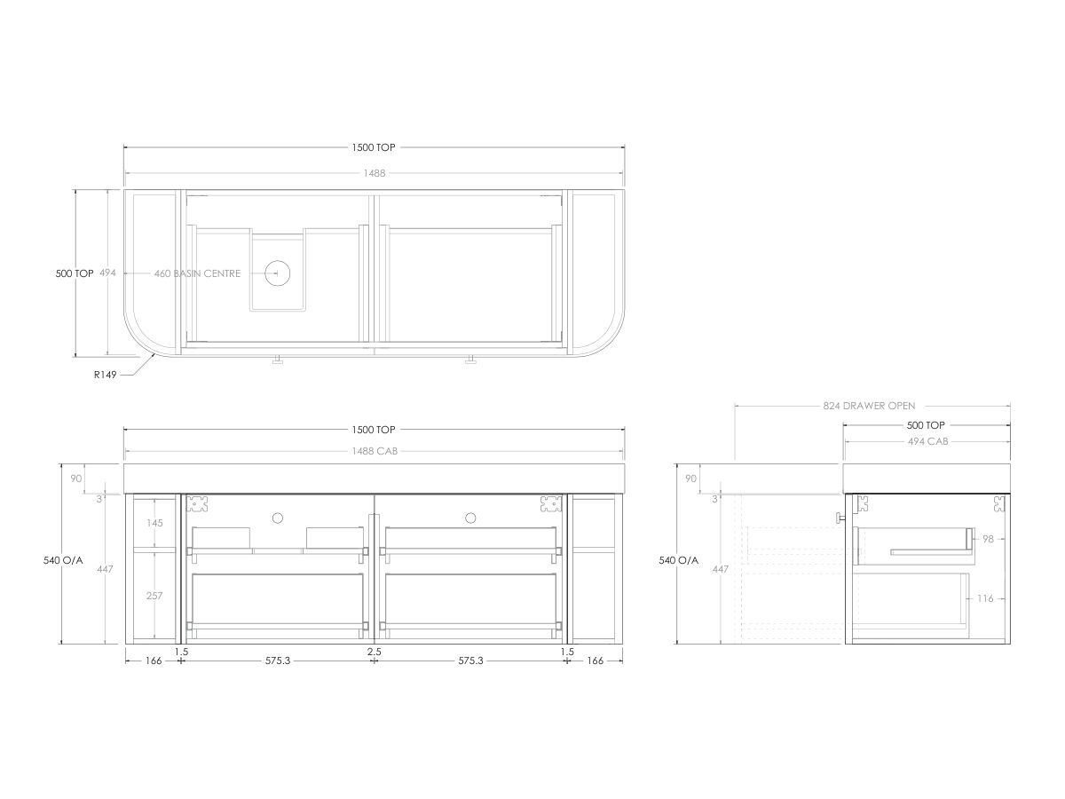 Technical Drawing - Kado Era Double Curve All Drawer 1500mm Wall Hung Vanity Left Hand Basin 90mm Durasein Top