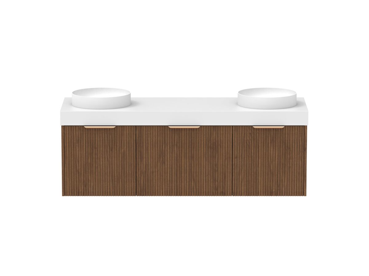 Supporting Image - Kado Neue Fluted Square All Drawer 1500mm Wall Hung Vanity with Double Basin 90mm Top Florentine Walnut