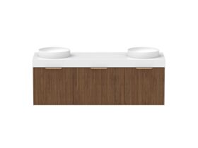 Supporting Image - Kado Neue Fluted Square All Drawer 1500mm Wall Hung Vanity with Double Basin 90mm Top Florentine Walnut