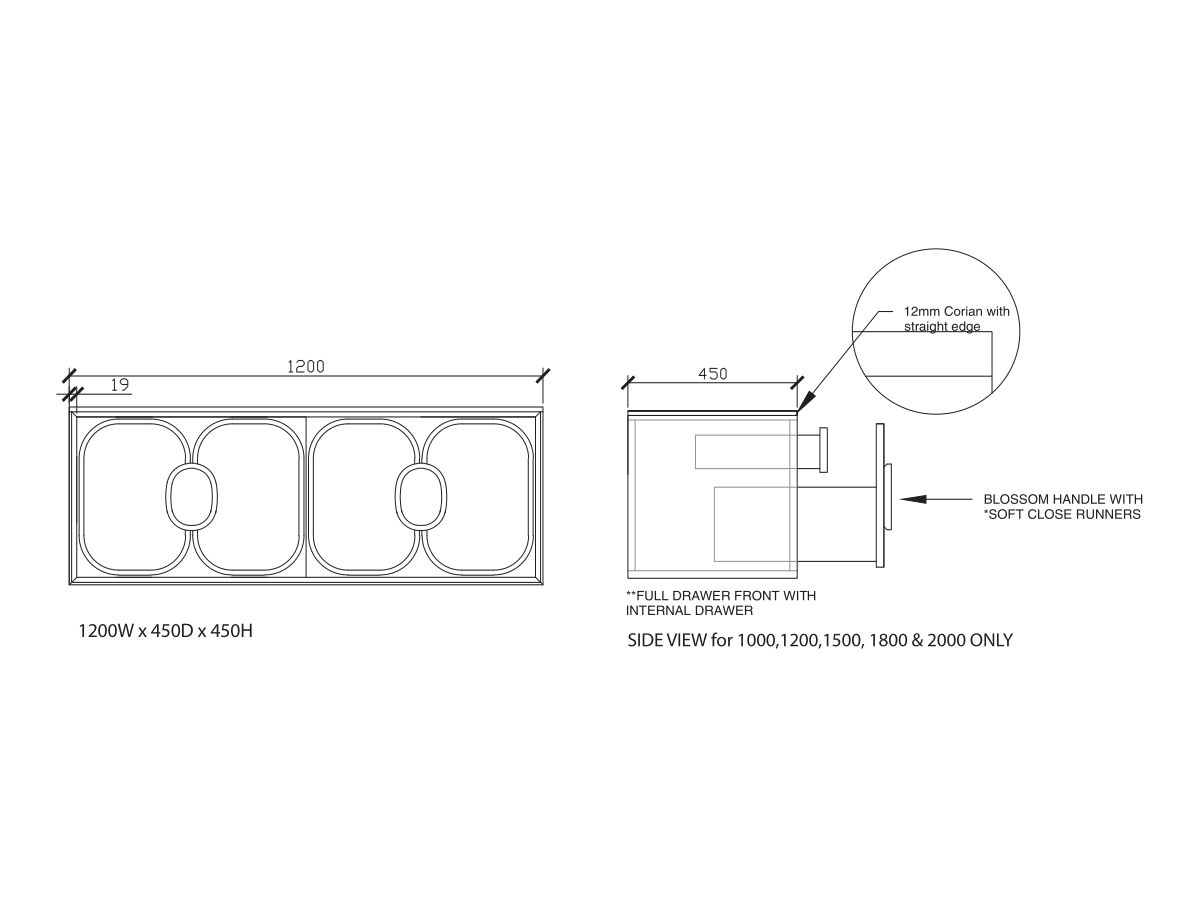 ISSY Blossom II 1200 x 450mm Vanity Unit with Two Soft Close Drawer and Internal Drawer with Handle