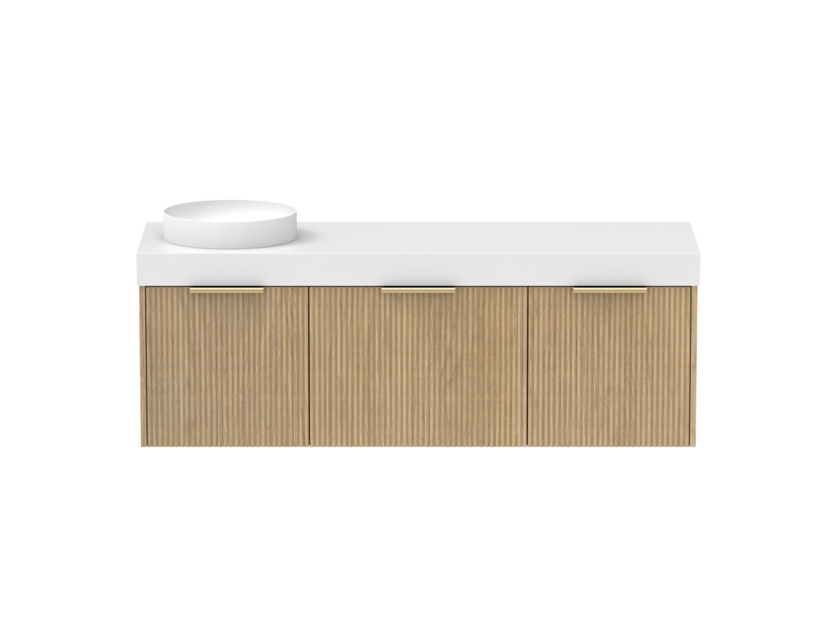 Supporting Image - Kado Neue Fluted Square All Drawer 1500mm Wall Hung Vanity with Left Hand Basin 90mm Top Boston Oak