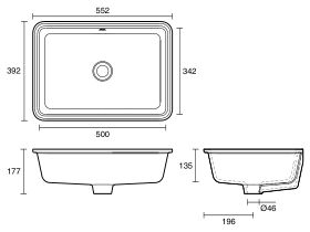 Technical Drawing - Roca Sofia Under Counter Basin 552mm x 392mm No Taphole with Overflow White