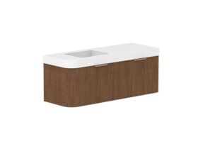 Hero - Kado Neue Fluted Single Curve All Drawer 1350mm Wall Hung Vanity with Left Hand Basin Durasein 90mm Top Florentine Walnut