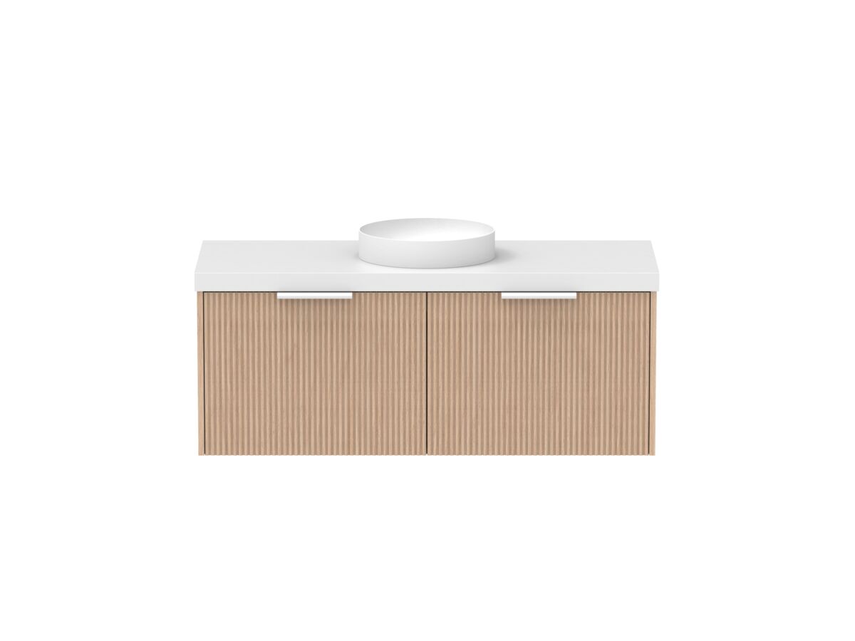 Supporting Image - Kado Neue Fluted Square All Drawer 1200mm Wall Hung Vanity with Centre Basin 50mm Top Blonde Oak