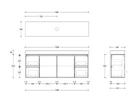 Technical Drawing - Posh Domaine 1500mm Ensuite Wall Hung Vanity Unit Single Bowl 90mm Top