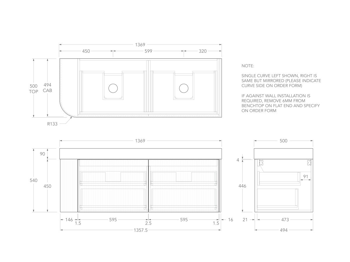 Technical Drawing - Kado Neue Fluted Single Curve All Drawer 1350mm Wall Hung Vanity with Double Basin Durasein 90mm Top