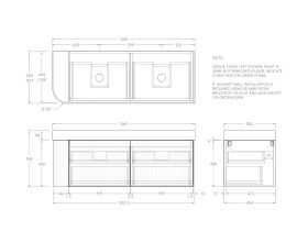 Technical Drawing - Kado Neue Fluted Single Curve All Drawer 1350mm Wall Hung Vanity with Double Basin Durasein 90mm Top