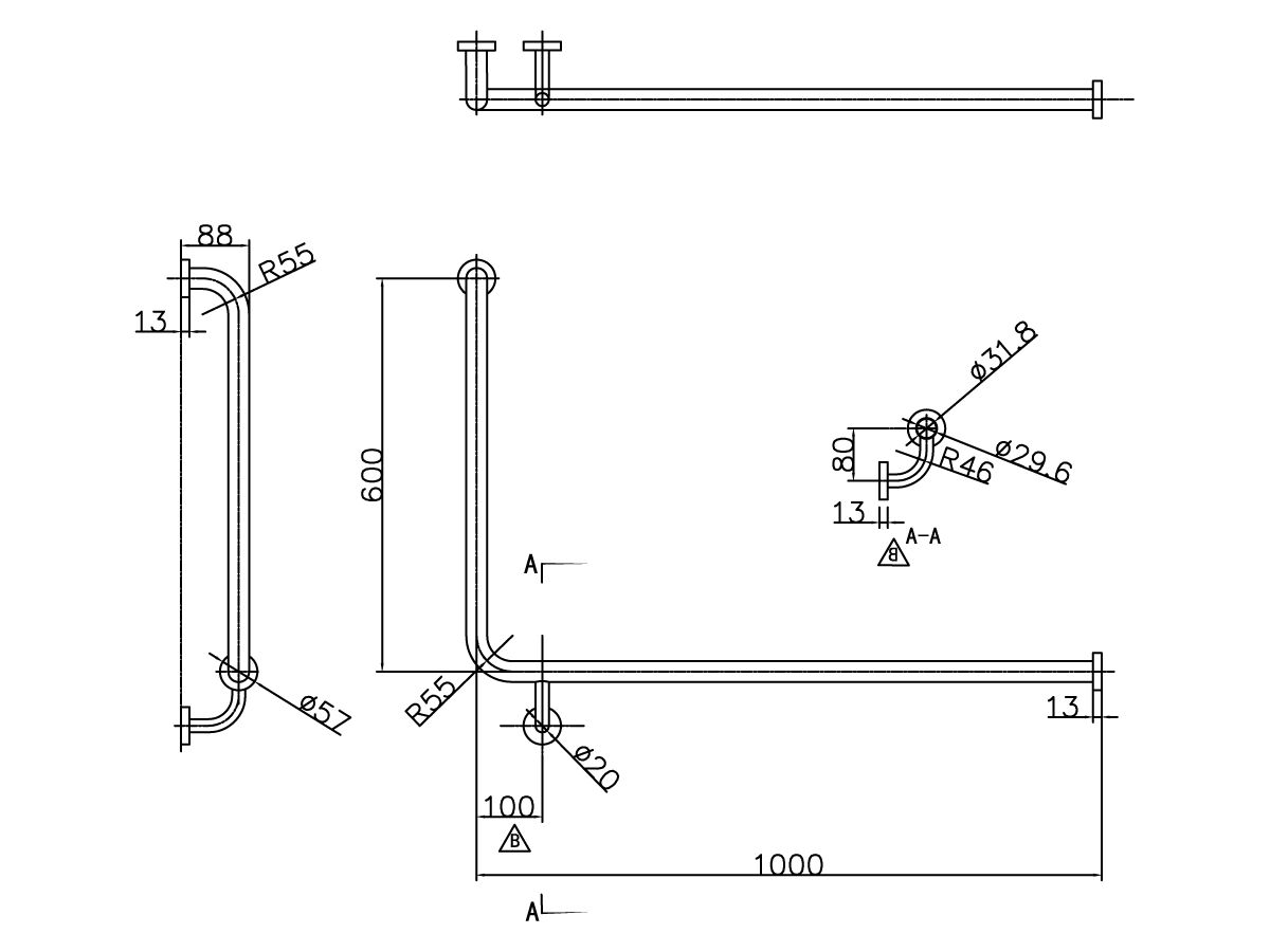 Mobi Grab Rail Corner R/H 1000x600