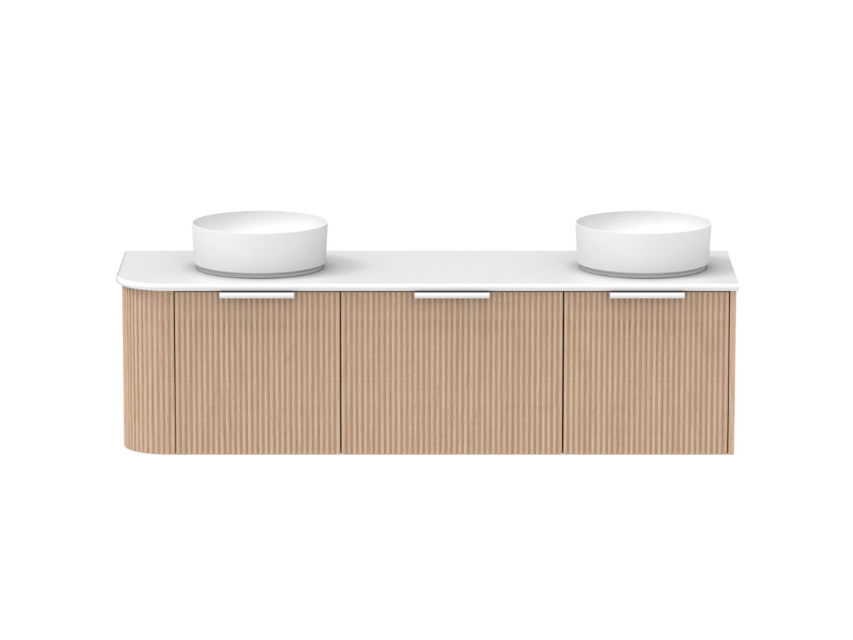 Supporting Image - Kado Neue Fluted Single Curve All Drawer 1650mm Wall Hung Vanity with Double Basin 20mm Top Blonde Oak