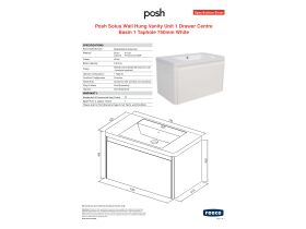 Specification Sheet - Posh Solus 750mm Wall Hung Vanity Unit 1 Drawer 1 Taphole with Overflow