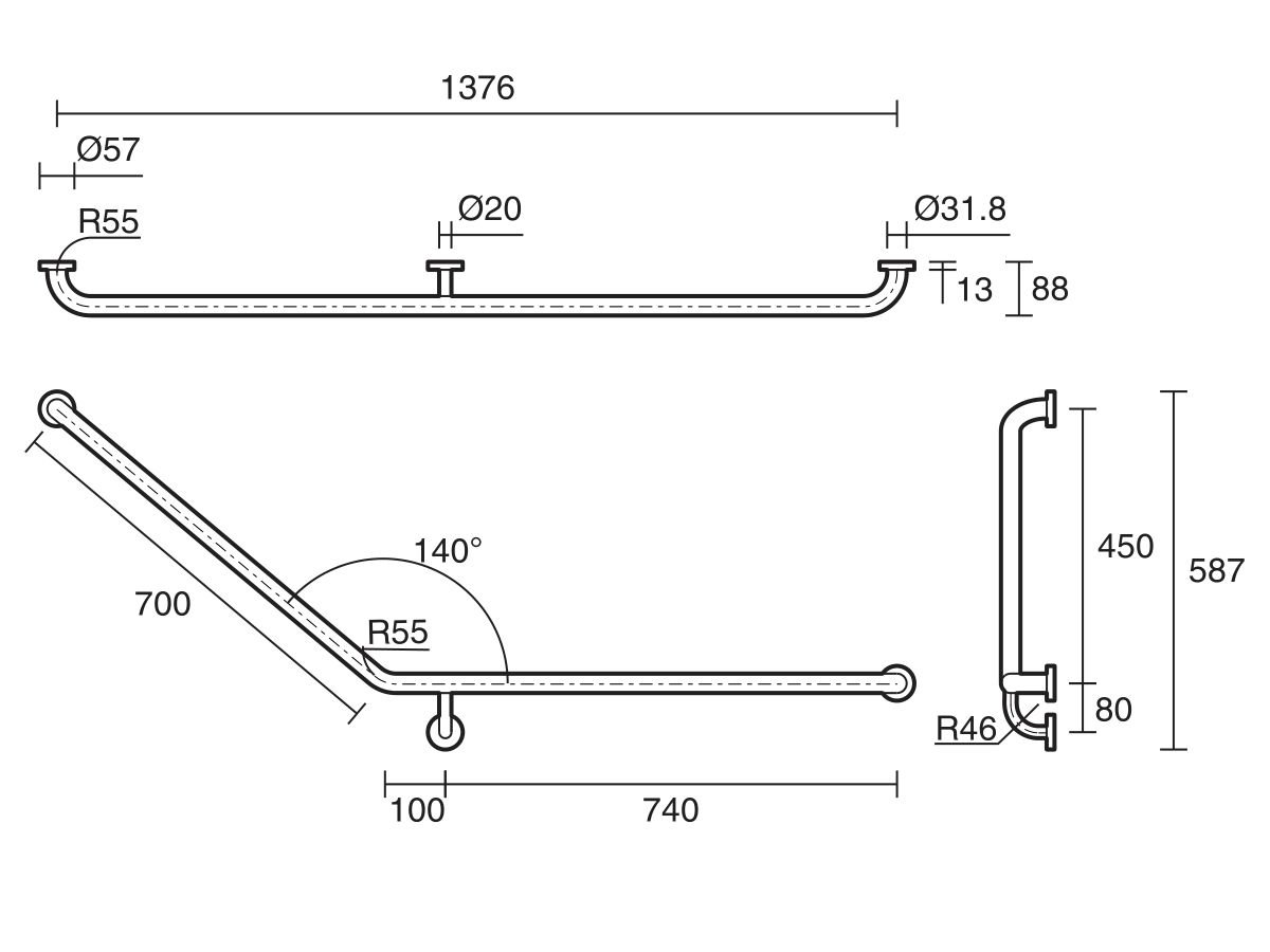 Mobi Right Hand Grab Rail 840 x 700mm 140 Degree