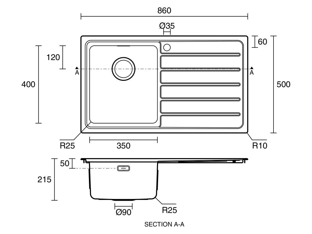 Technical Drawing - Memo Oscar Inset Left Hand Single Bowl & Drainer Sink Overflow 1 Taphole