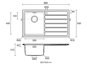 Technical Drawing - Memo Oscar Inset Left Hand Single Bowl & Drainer Sink Overflow 1 Taphole