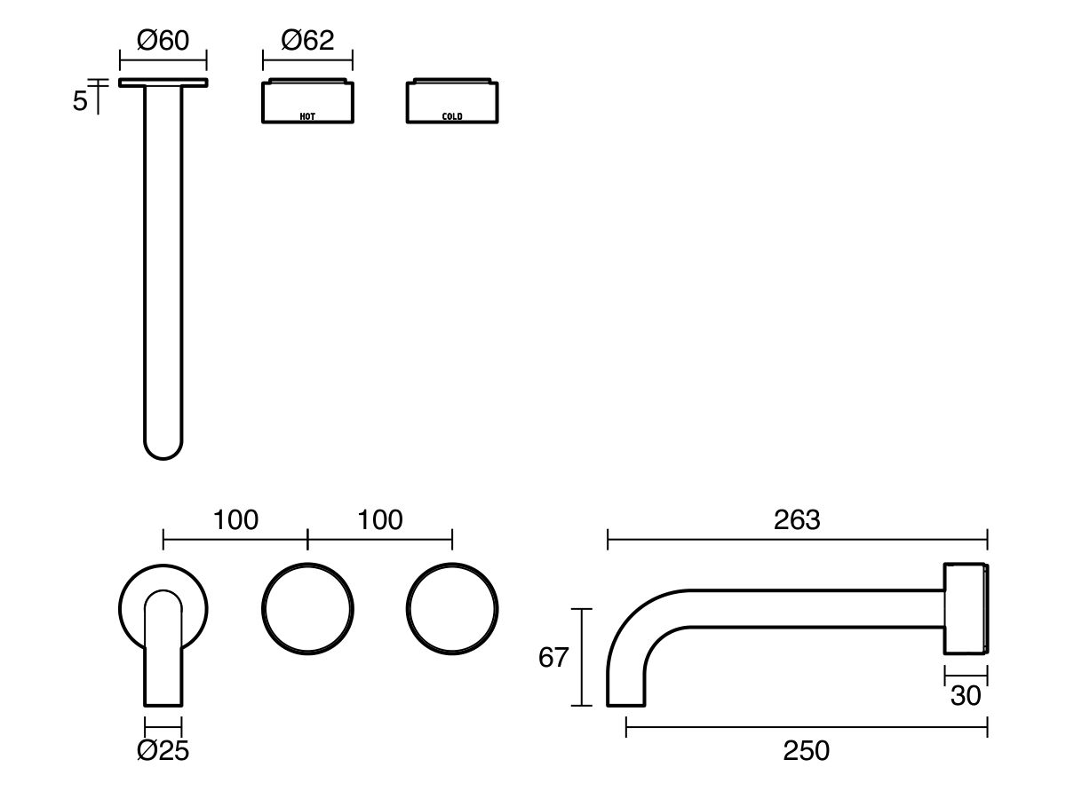 Technical Drawing - Sussex Pure Elemental Wall Basin Hostess System 250mm (3 Star) Lead Free
