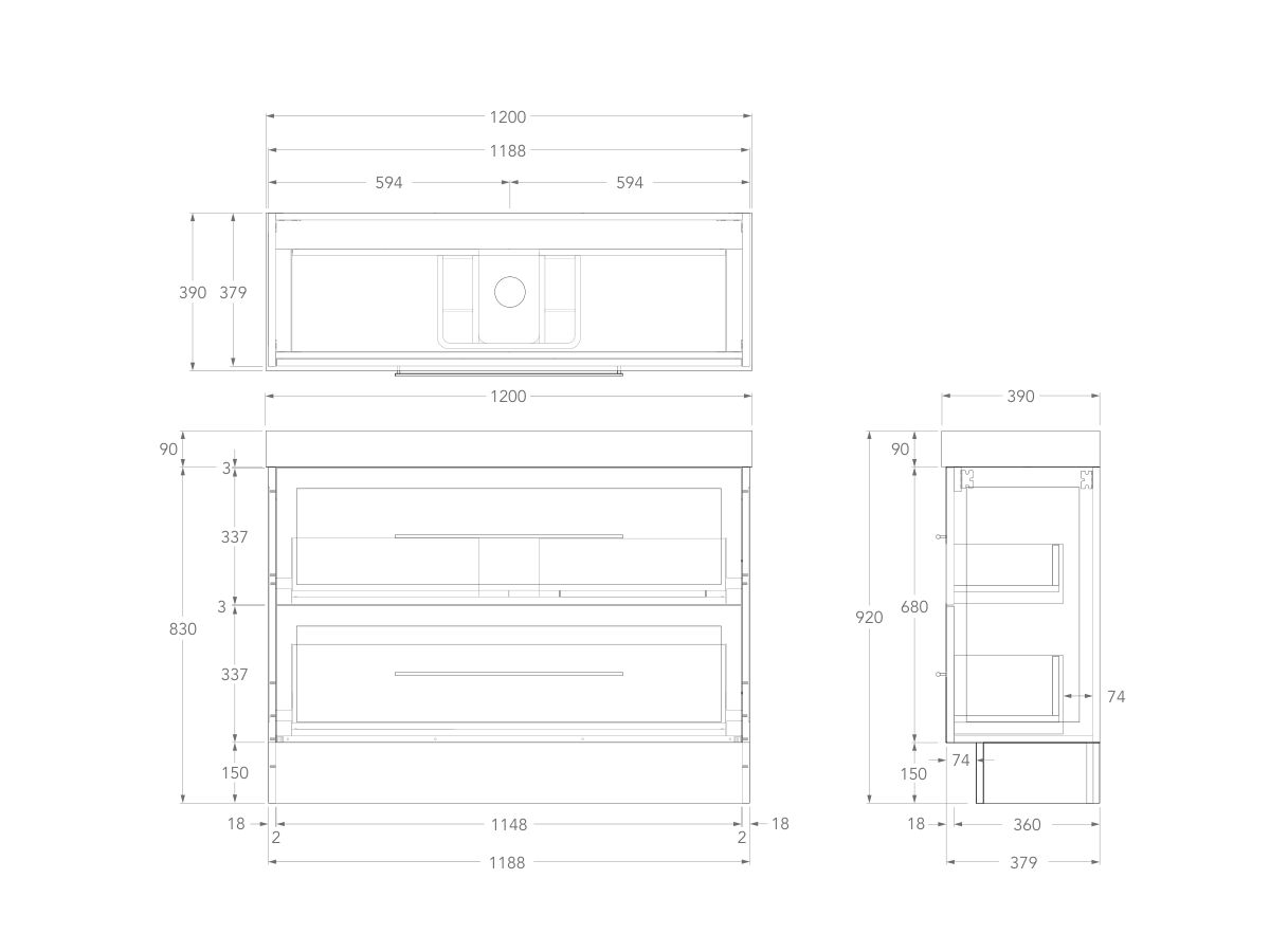 Technical Drawing - Kado Lux Ensuite All Drawer Twin 1200mm Floor Mount Centre Basin 90mm Top