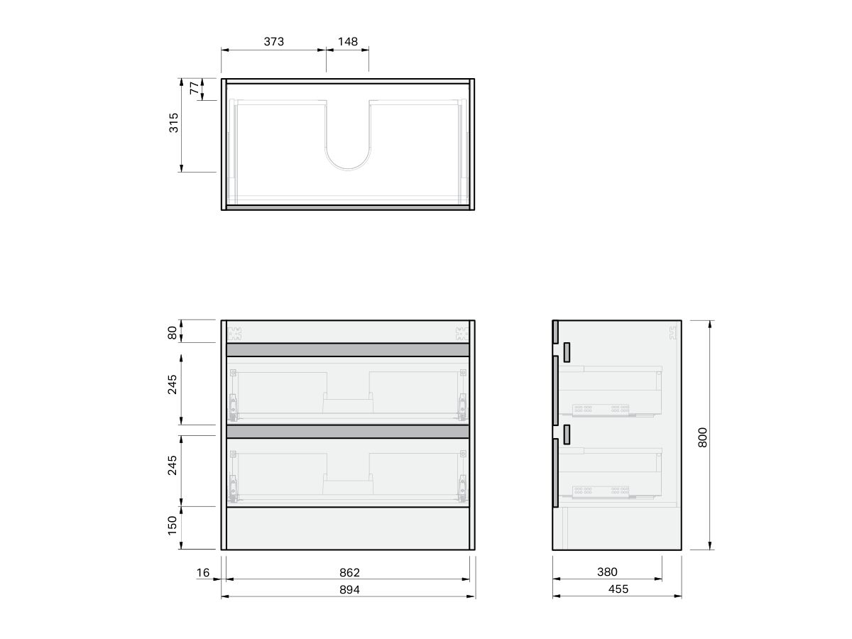 Technical Drawing - Posh Domaine Twin 900 2 Drawer Floor Standing Vanity Mineral Cast