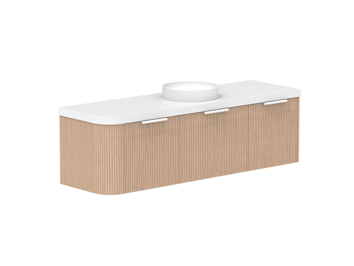 Supporting Image 2- Kado Neue Fluted Single Curve All Drawer 1650mm Wall Hung Vanity with Centre Basin Durasein 50mm Top Blonde Oak