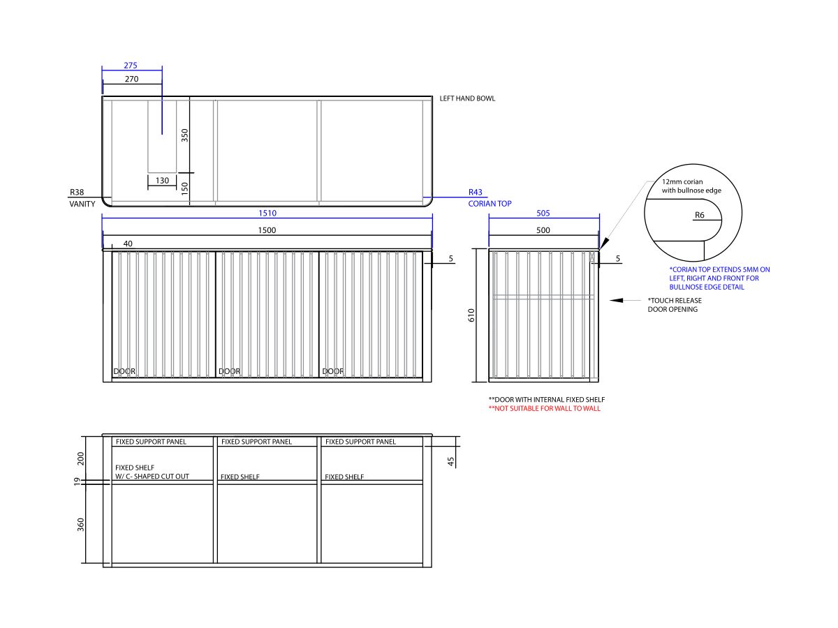 ISSY Cloud I 1500mm x 500mm x 610mm Wall Hung Vanity Unit 3 Touch Latch Doors Semi Inset (No Basin)