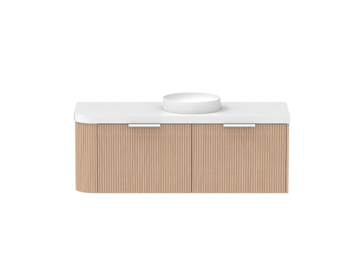 Supporting Image - Kado Neue Fluted Single Curve All Drawer 1350mm Wall Hung Vanity with Centre Basin Durasein 50mm Top Blonde Oak