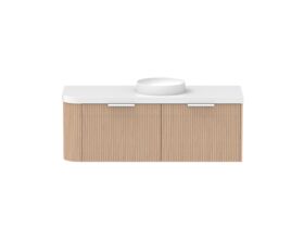 Supporting Image - Kado Neue Fluted Single Curve All Drawer 1350mm Wall Hung Vanity with Centre Basin Durasein 50mm Top Blonde Oak